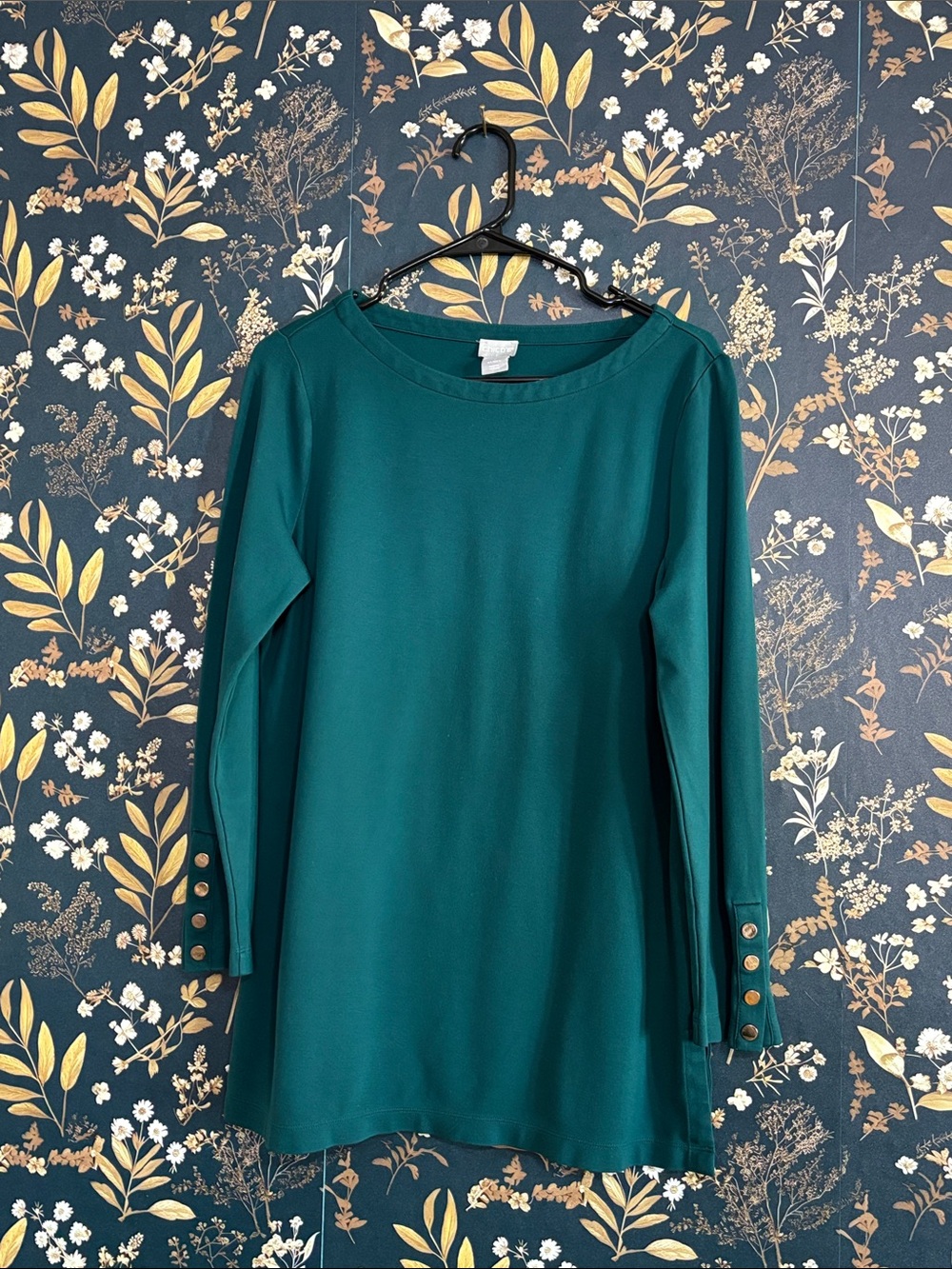 Chico's Teal Long Sleeve Boatneck Top With Gold Button Details